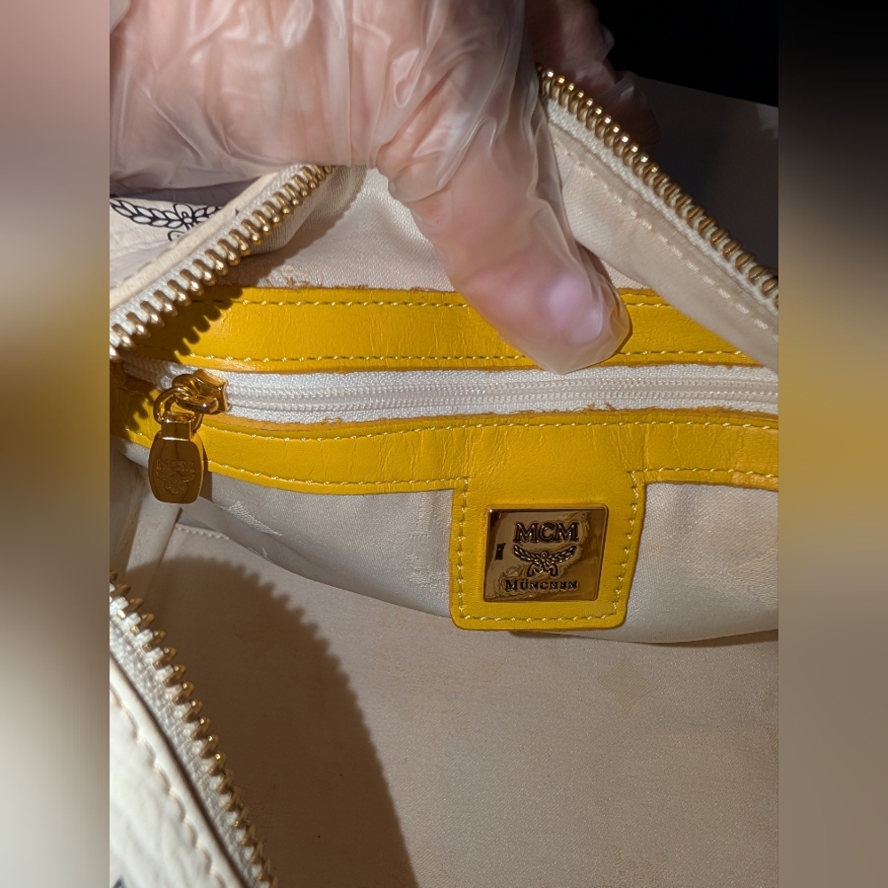 MCM White Visetos Satchel with Yellow Trim - Picture 9 of 10